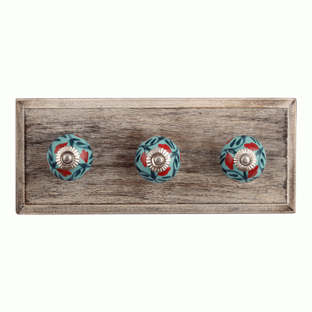 Sea Green Flower Ceramic Wooden Hooks
